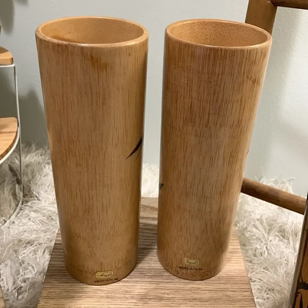 Angel Bamboo Cup Set Of 4 Tall 2‎ Short Handpainted Bamboo Drinking Cups Vintage